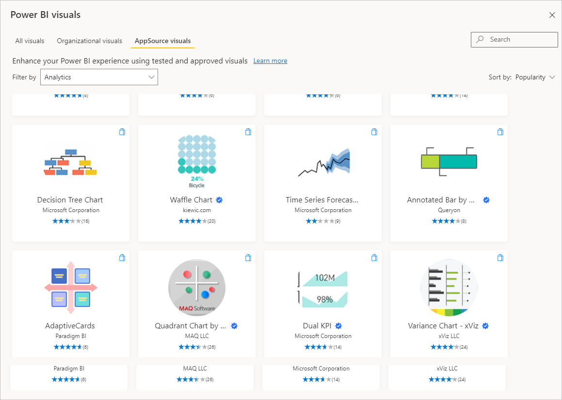 Captura de ecrã a mostrar os elementos visuais do Power B I disponíveis quando seleciona Obter mais elementos visuais.