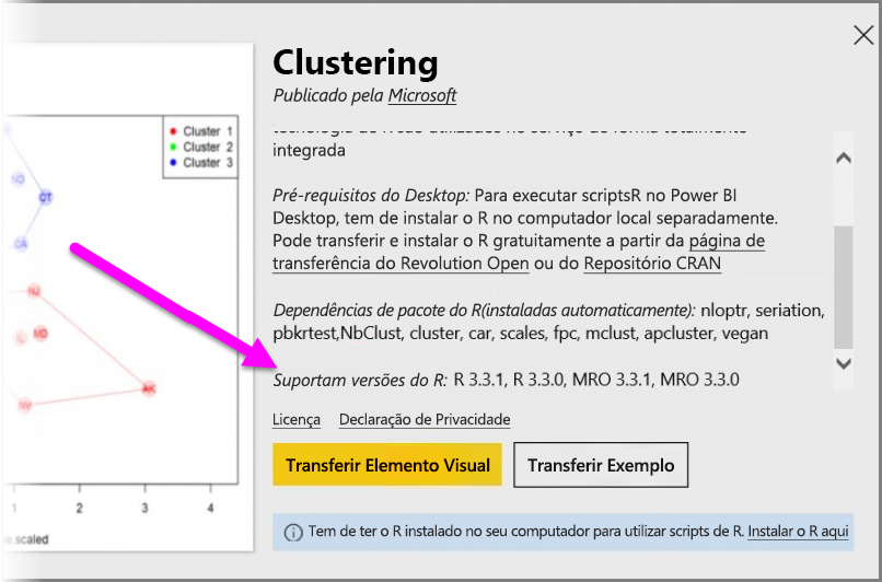 Captura de ecrã a mostrar as versões R suportadas para um visual personalizado alimentado pelo Power B I R.