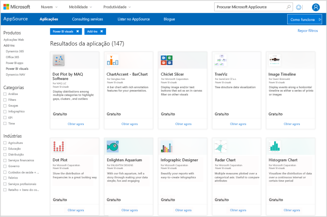 Captura de ecrã do AppSource filtrado para os visuais Power Platform e Power B I.