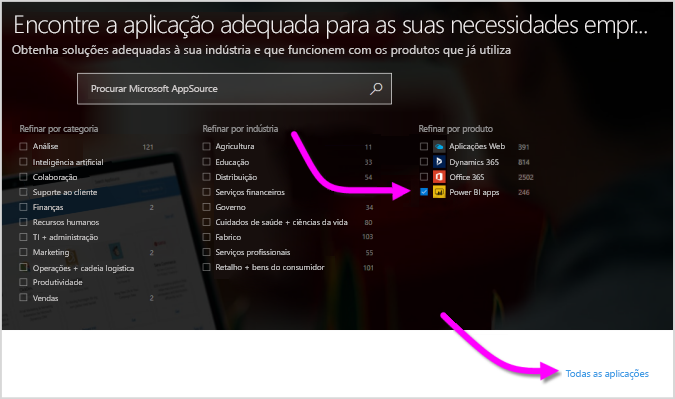 Captura de ecrã do AppSource com aplicações Power Platform selecionadas em Produtos.