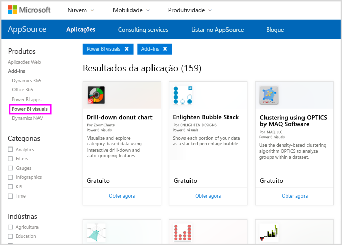 Captura de tela do AppSource com visuais do Power B I selecionados no painel esquerdo.