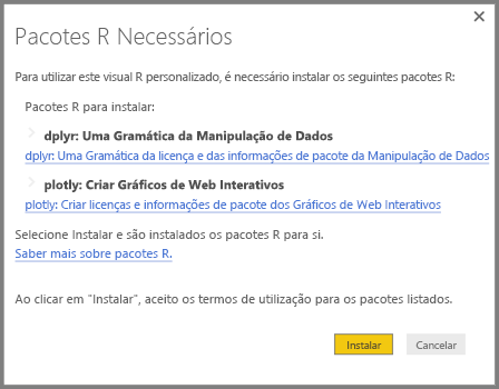 Captura de ecrã a mostrar os pacotes R que têm de ser instalados para o visual personalizado com tecnologia R.