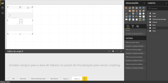 Captura de ecrã do editor de scripts do Power BI R.