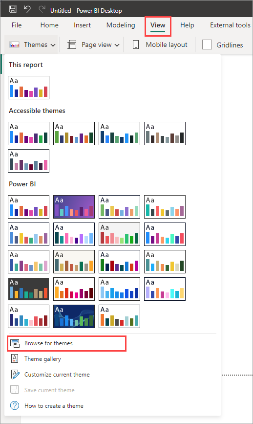 Screenshot of the Power BI Themes dropdown menu, highlighting Browse for themes.