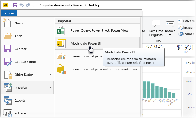 Captura de ecrã do Power BI Desktop, a mostrar as opções de Importação.