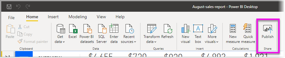 Captura de ecrã do friso Base do Power BI, realçando Publicar.