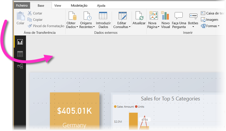 Captura de ecrã do Power BI Desktop, realçando a área do papel de parede.