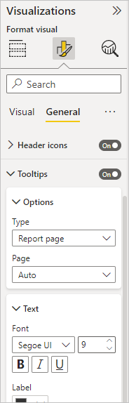 Captura de ecrã do menu pendente Dicas de ferramentas do Painel de Visualizações.