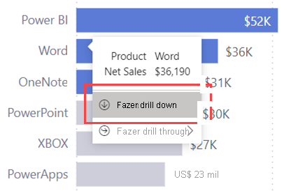 Captura de tela de uma dica de ferramenta, realçando Drill down.