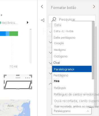 Captura de ecrã a mostrar as opções de forma do botão.