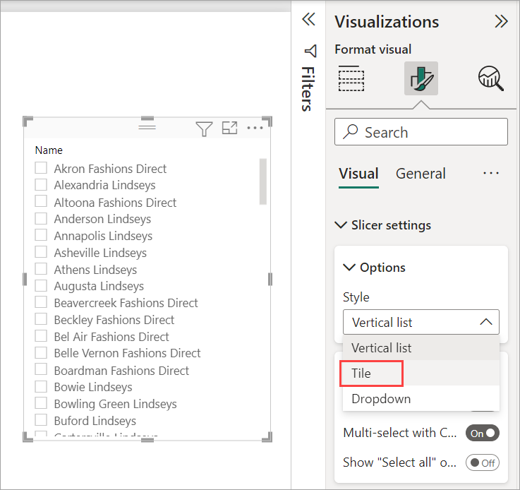 A captura de tela mostra a configuração do estilo de segmentação de dados como Bloco no Power BI Desktop.