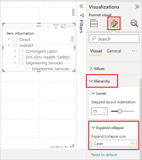 Captura de ecrã de Selecione um ícone de expandir/recolher para a segmentação de dados de hierarquia no Power B I Desktop.