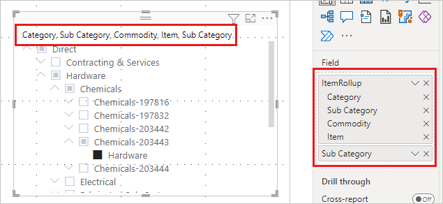 Captura de ecrã da segmentação de dados de hierarquia no Power B I Desktop.