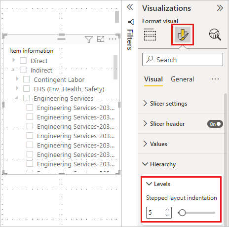 Captura de ecrã de Definir o recuo da segmentação de dados de hierarquia no Power B I Desktop.