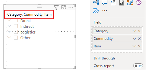 Captura de ecrã da segmentação de dados hierárquica com os campos Categoria, Mercadoria e Item no Ambiente de Trabalho Power B I.