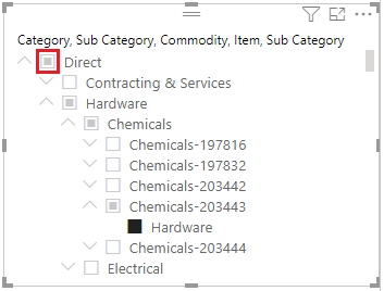 Captura de ecrã da segmentação de dados de hierarquia de seleção única no Power B I.