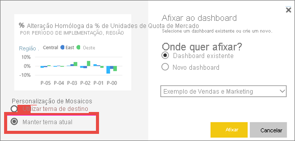 Captura de ecrã da janela Afixar no painel, realçando a opção Manter tema atual.