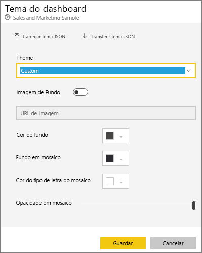 Captura de ecrã da caixa de diálogo Tema do painel com a opção Tema personalizado selecionada.