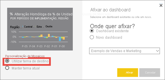 Captura de ecrã da janela Afixar no painel, realçando a opção Utilizar tema de destino.