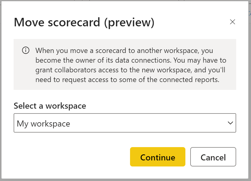 Captura de tela da confirmação para mover um scorecard para outro espaço de trabalho e uma lista suspensa para selecionar o espaço de trabalho correto.