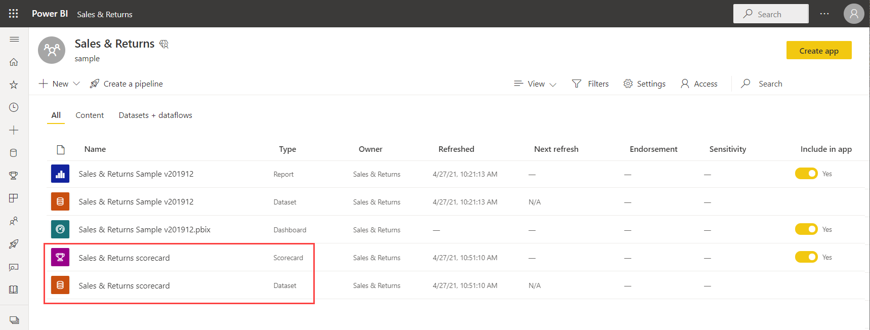 Captura de ecrã do novo scorecard e modelo semântico que o Power BI criou.