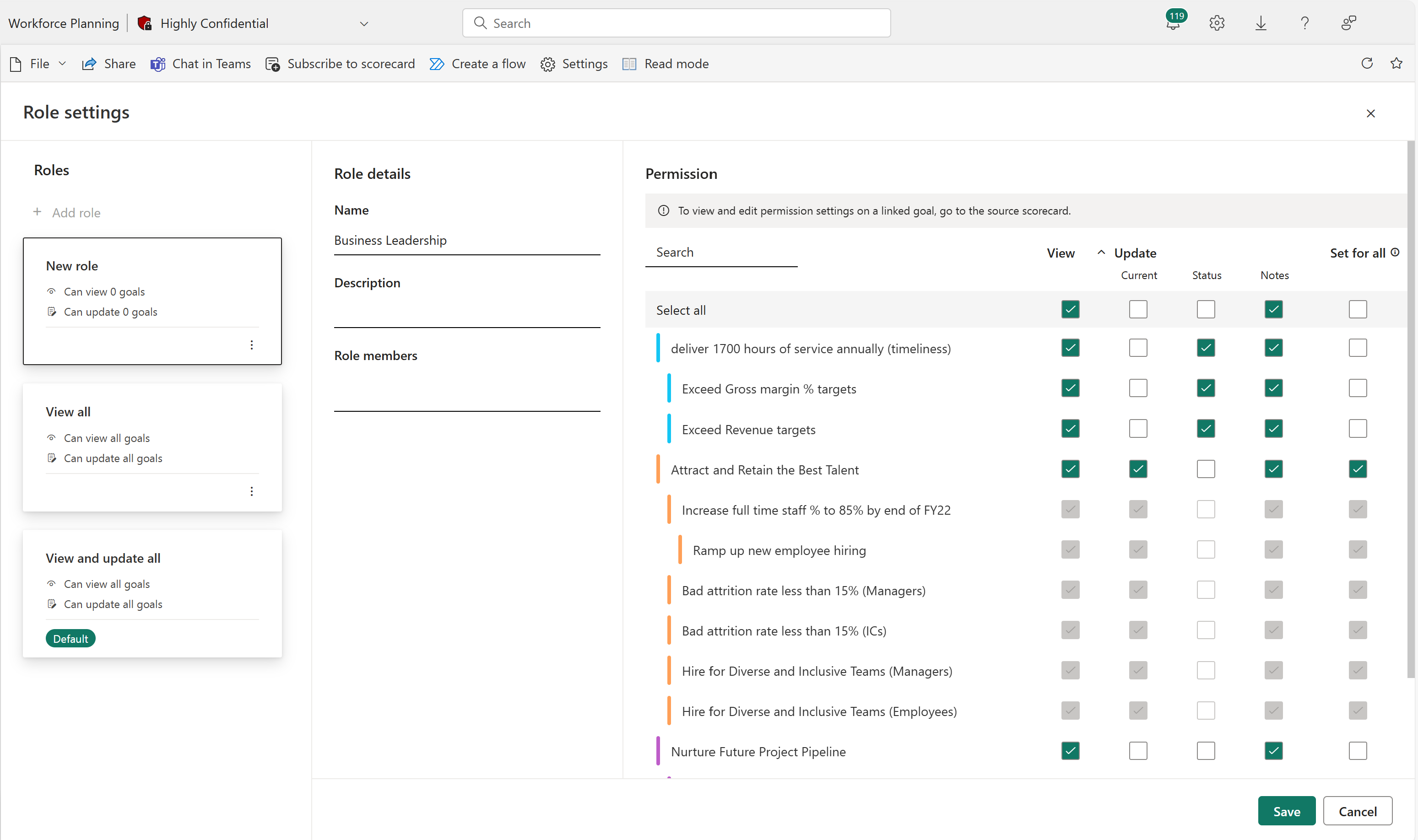 Captura de tela das configurações de permissões ao nível da meta, abertas e editáveis.