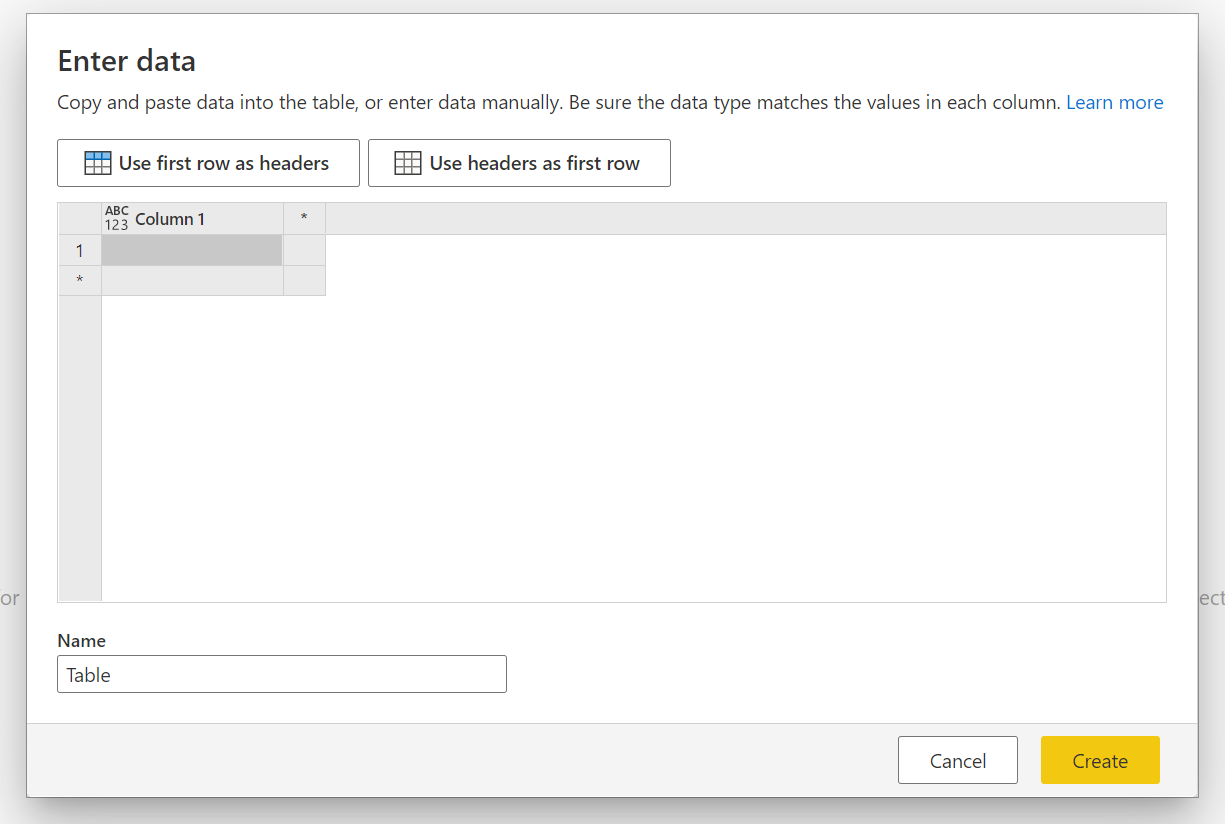 Captura de ecrã da janela do Power Query para introduzir dados.