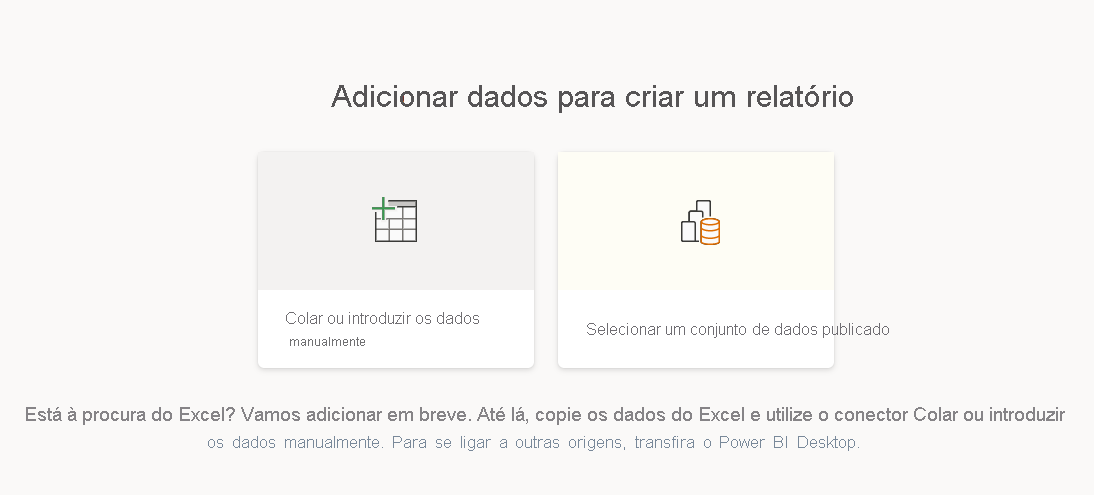 Captura de ecrã das opções Adicionar dados para criar um relatório.