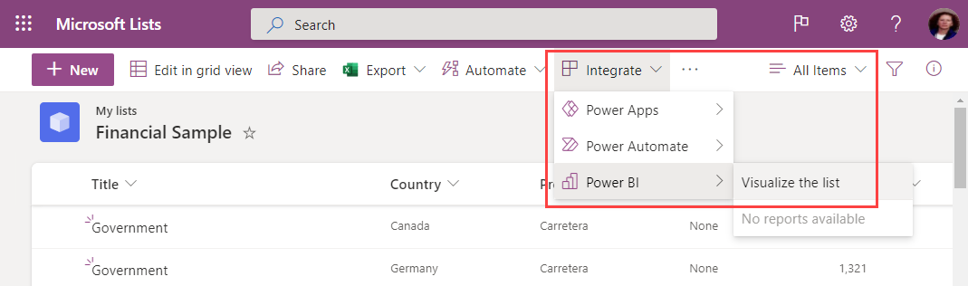 Captura de ecrã de Selecionar Power BI, Visualizar no Power BI.