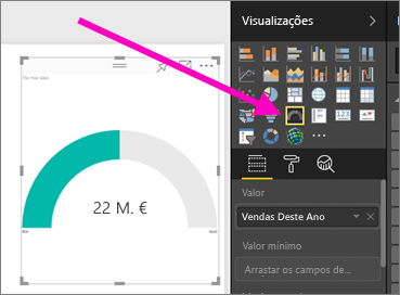 Captura de tela do visual e do painel Visualizações, destacando o ícone do modelo Medidor.