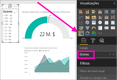 Captura de ecrã da segmentação de dados, realçando Distrito no painel Visualizações.