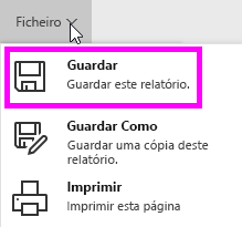 Captura de ecrã a realçar a opção Guardar este relatório.