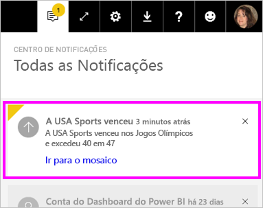 Captura de ecrã de Todas as notificações, realçando o alerta.