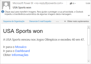 Captura de ecrã de um exemplo de e-mail com hiperligações para o Power BI.