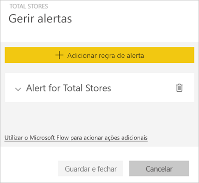 Captura de ecrã do menu Gerir alertas, mostrando um exemplo de alerta.