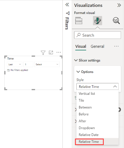 Captura de ecrã a mostrar a segmentação de dados com o painel Formato e Tempo Relativo selecionados.