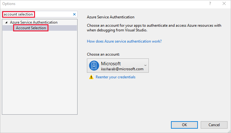 Captura de tela da janela Opções do Visual Studio, que mostra a opção Seleção de Conta realçada nos resultados da pesquisa.