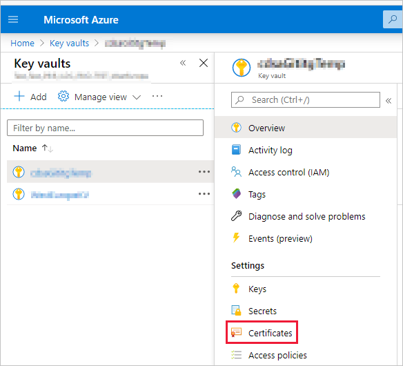 Captura de ecrã da janela do portal do Azure, que mostra a página Cofres de chaves com o item Certificados realçado.