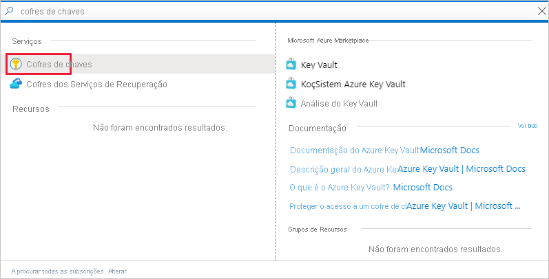 Captura de tela da janela do portal do Azure, que mostra um link para o serviço de cofre de chaves na lista Serviços.