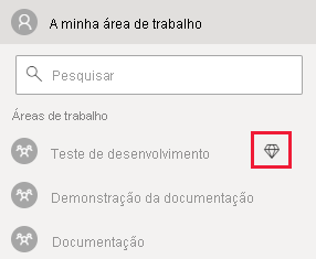 Captura de ecrã do serviço Power BI. Na lista Espaços de trabalho, um diamante é visível ao lado do nome de um espaço de trabalho que tem uma capacidade atribuída a ele.