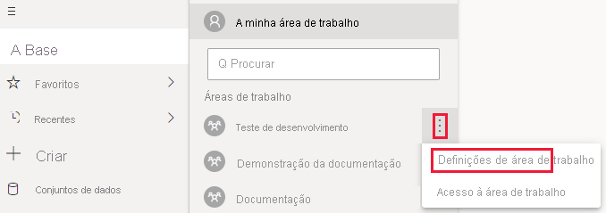 Captura de ecrã do serviço do Power BI, com o menu Mais de uma área de trabalho expandido. Nesse menu, as reticências e as configurações do espaço de trabalho são realçadas.