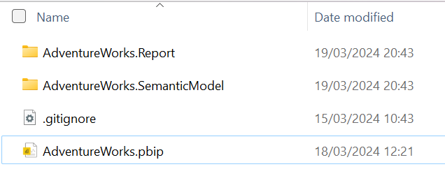 Captura de tela mostrando arquivos do Power BI Project