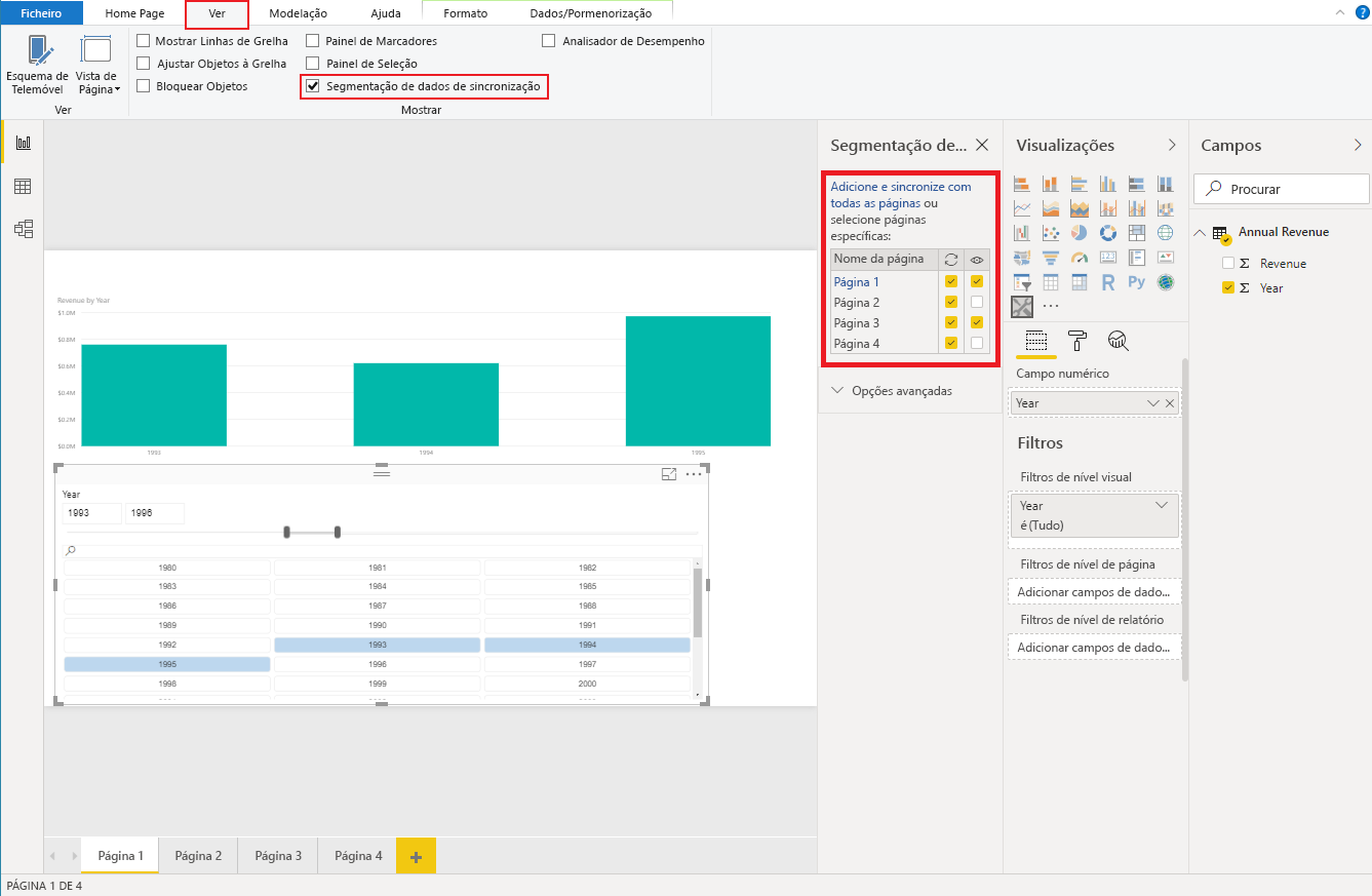 Captura de ecrã do Power BI Desktop, que mostra o painel de segmentações de dados Ver Sincronização.