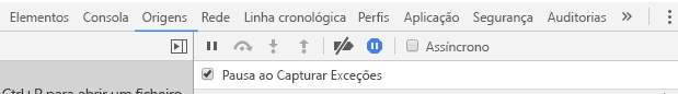 A captura de tela mostra a guia Fontes com a opção Pausar em exceções capturadas selecionada.