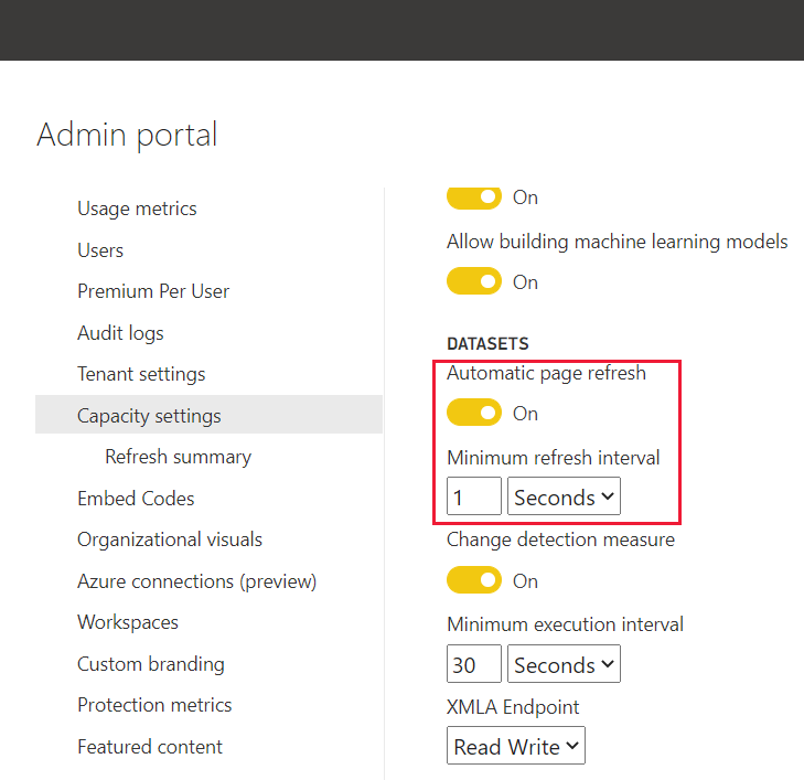 Captura de tela que mostra a configuração do administrador para o intervalo de atualização automática.