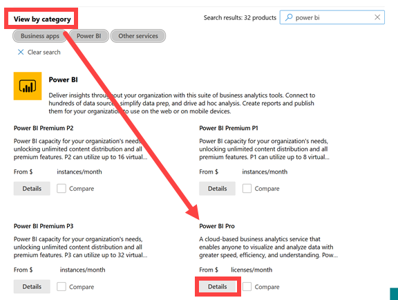 Captura de ecrã a mostrar as opções do Power BI para Comprar serviços.