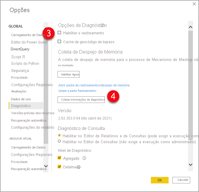 Screenshot of the Power BI Desktop options panel with enable tracing and collect diagnostic information highlighted.