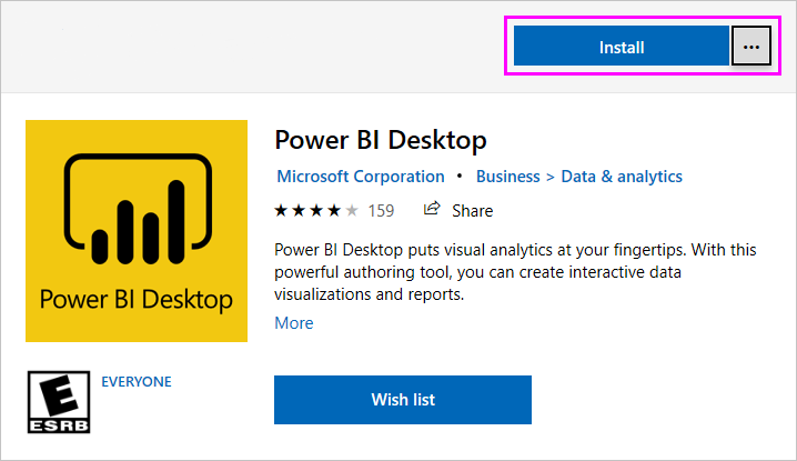 Screenshot of Microsoft Store showing the Power BI Desktop install option.