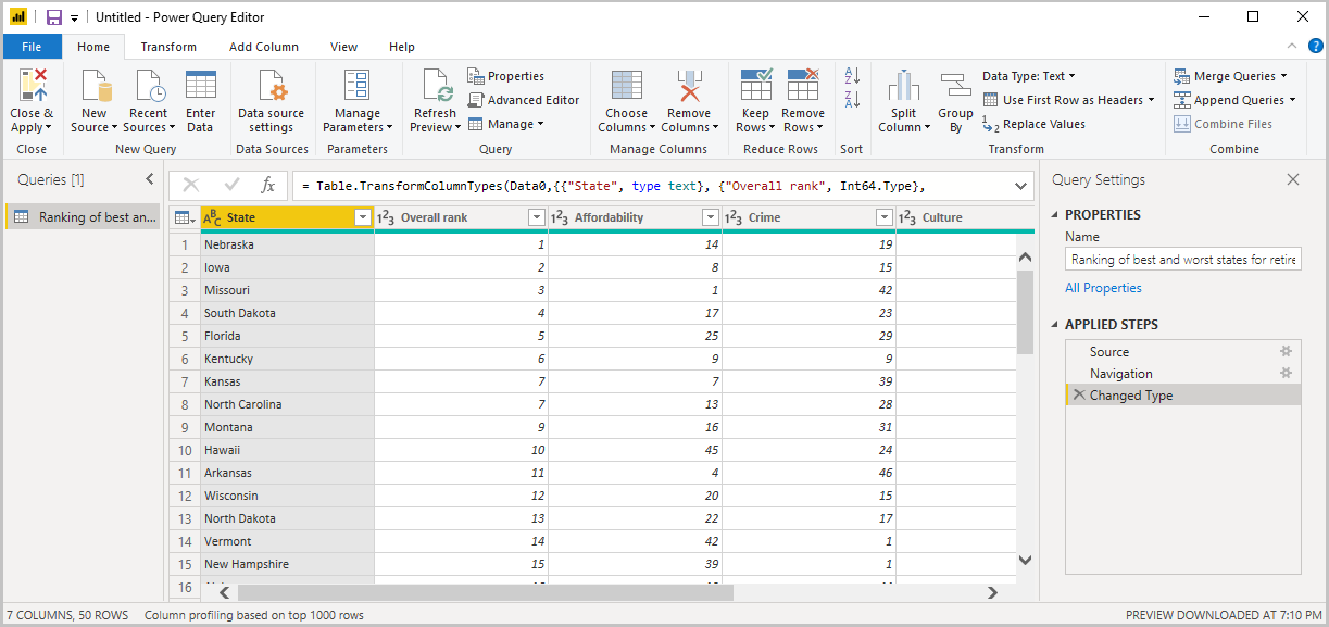 Captura de ecrã do Ambiente de Trabalho do Power B I a mostrar o Editor do Power Query com as Definições de Consulta.