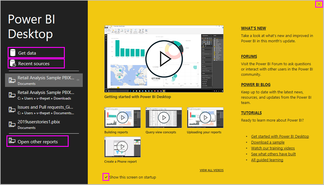 Captura de ecrã do Power B I Desktop a mostrar o ecrã de boas-vindas.